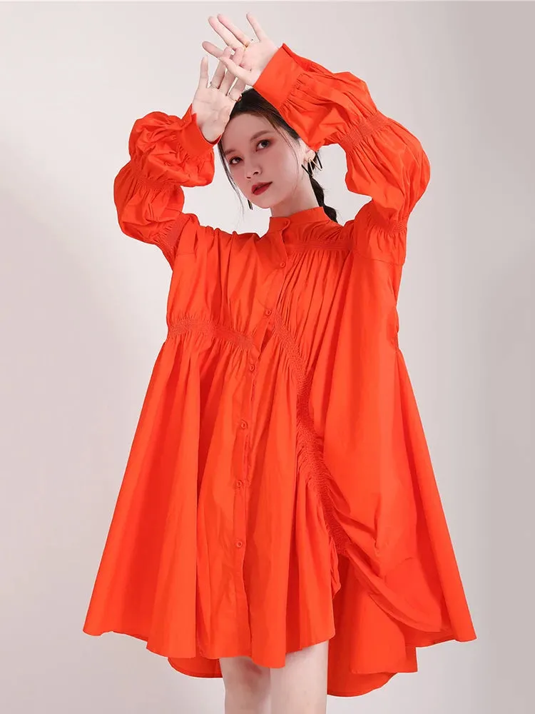 Hotaru Long Sleeve Pleated Shirt Dress - Orange