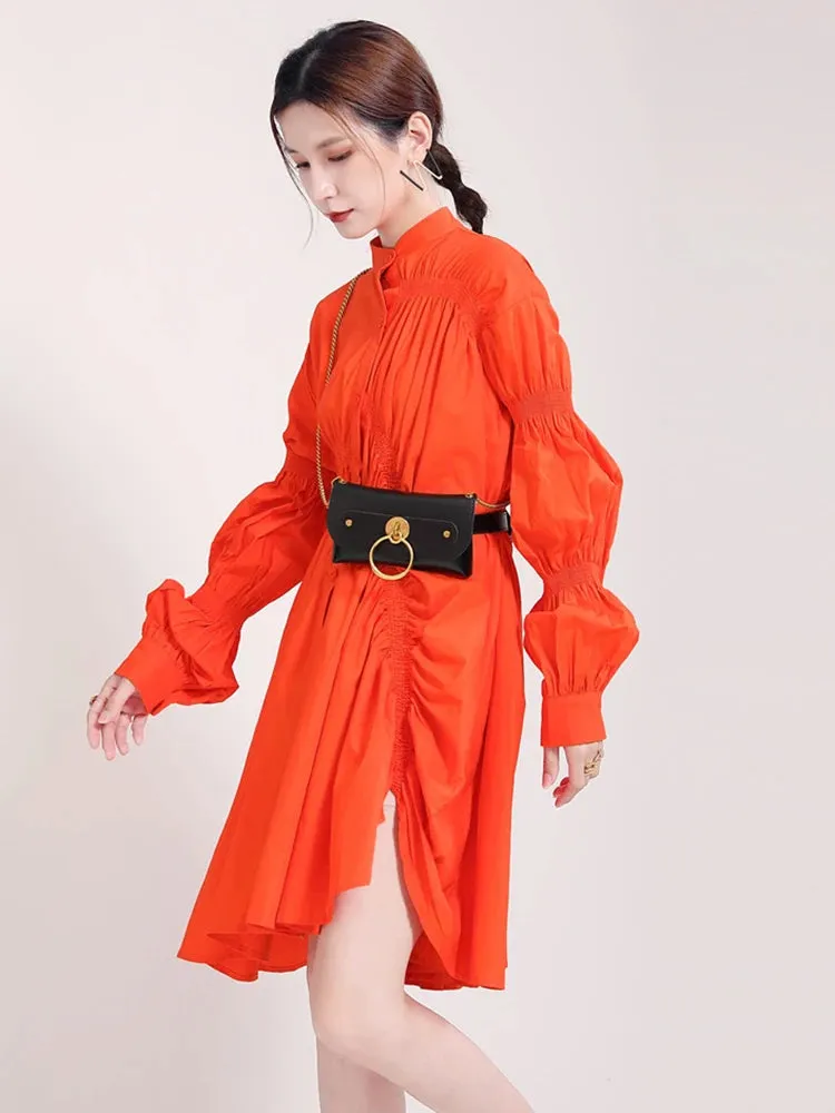 Hotaru Long Sleeve Pleated Shirt Dress - Orange