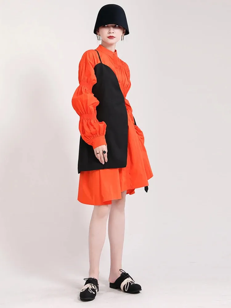 Hotaru Long Sleeve Pleated Shirt Dress - Orange