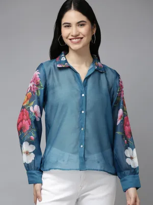 Jashvi Teal Blue Floral Printd Shirt Style Top