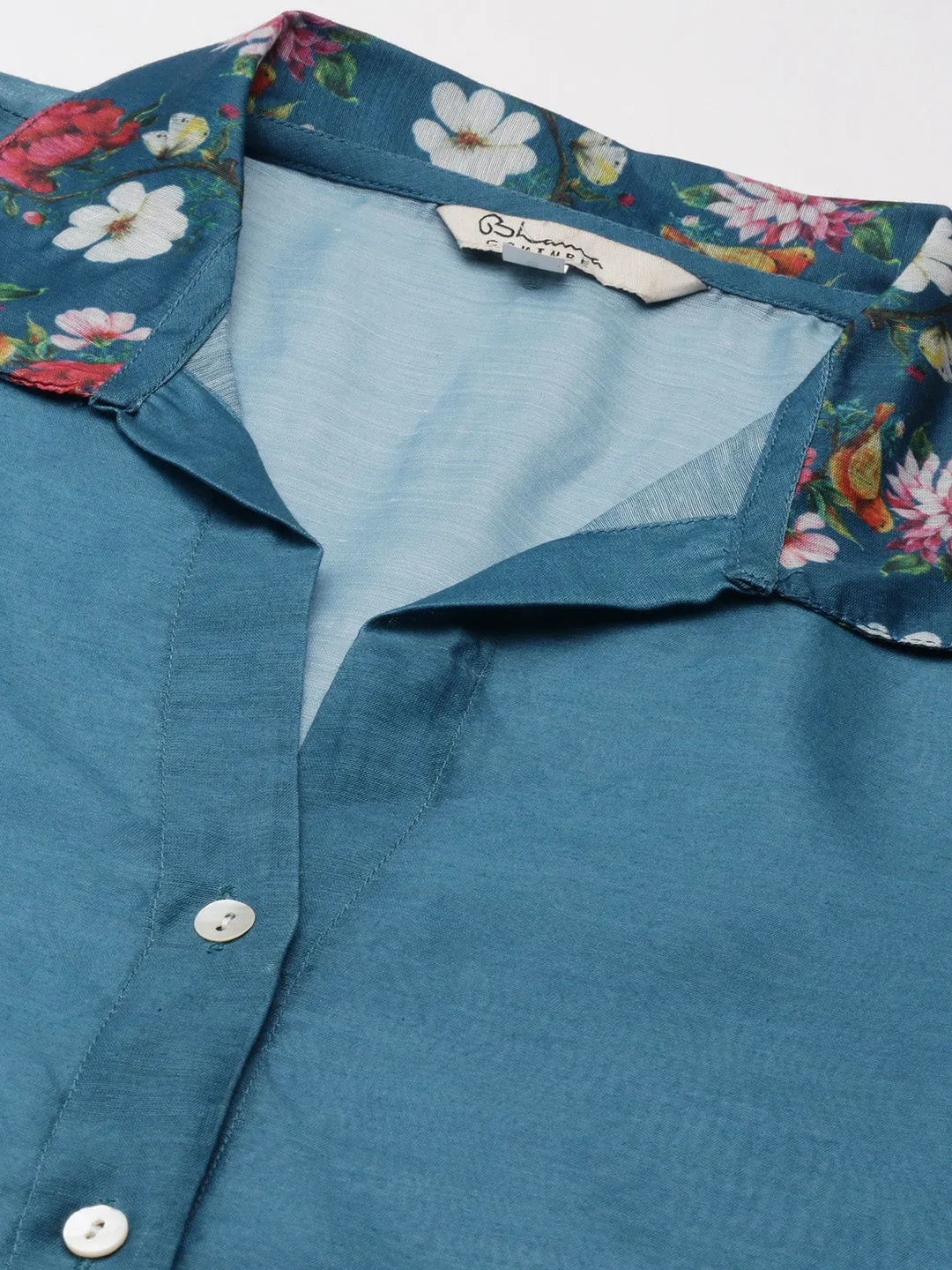 Jashvi Teal Blue Floral Printd Shirt Style Top