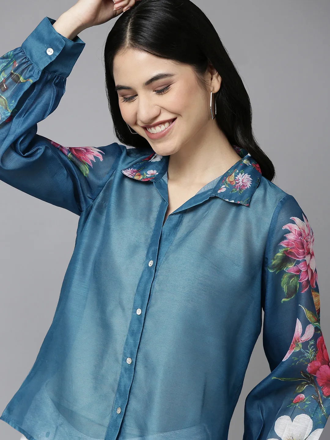 Jashvi Teal Blue Floral Printd Shirt Style Top