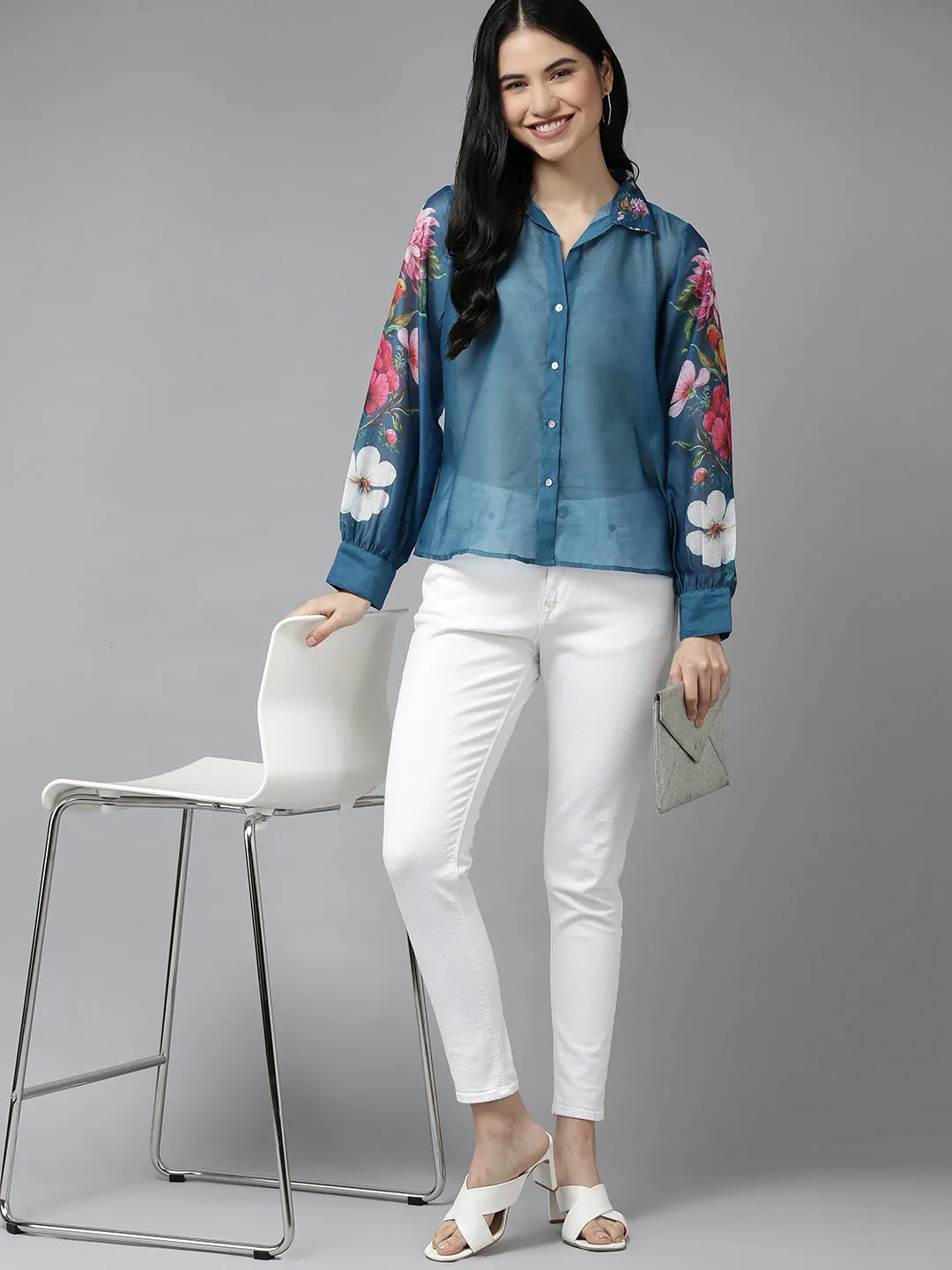 Jashvi Teal Blue Floral Printd Shirt Style Top