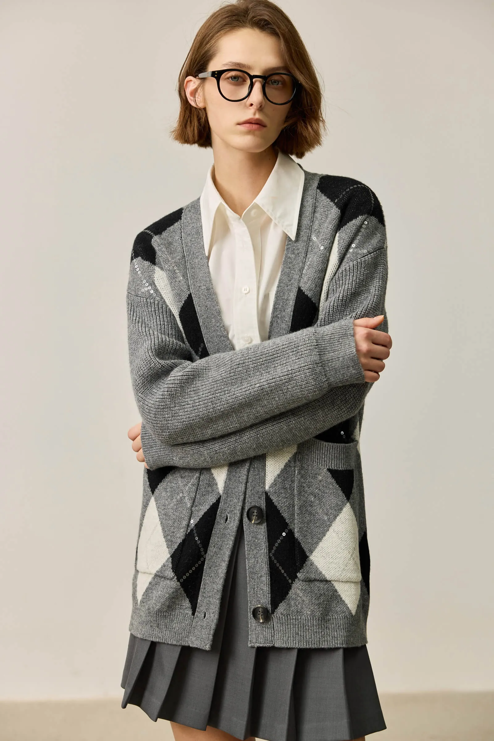 LILY Grey Argyle Knit Cardigan