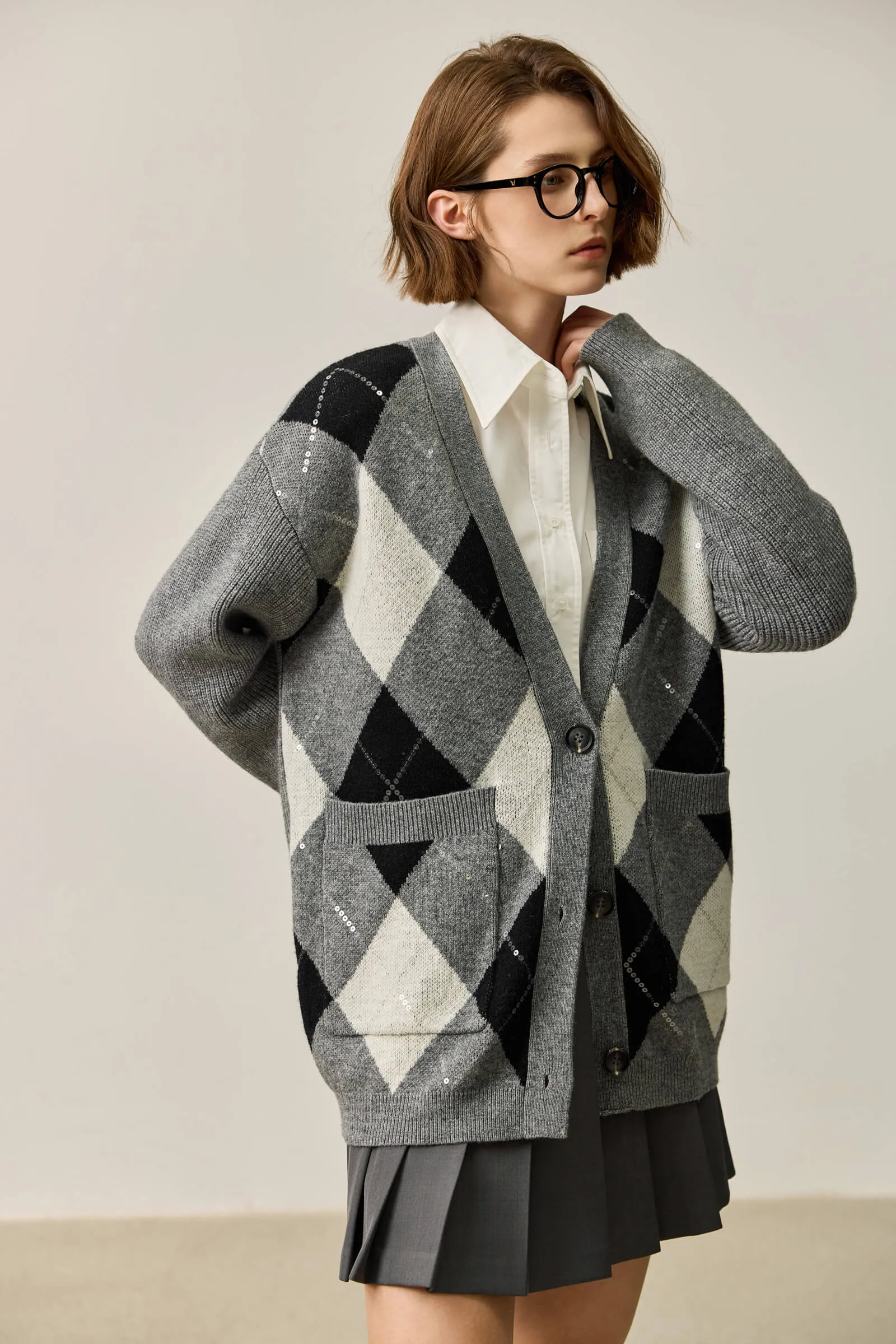 LILY Grey Argyle Knit Cardigan