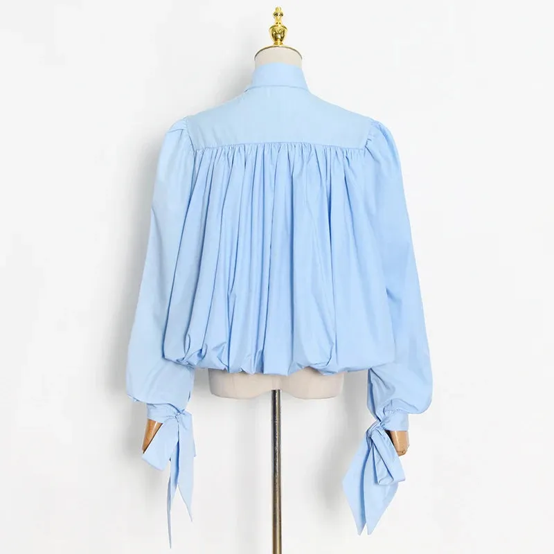 Loose Frill Trim Shirt For Women Lapel Long Sleeve Casual Lace Up Bow Blouse Female Fashion Clothing Autumn