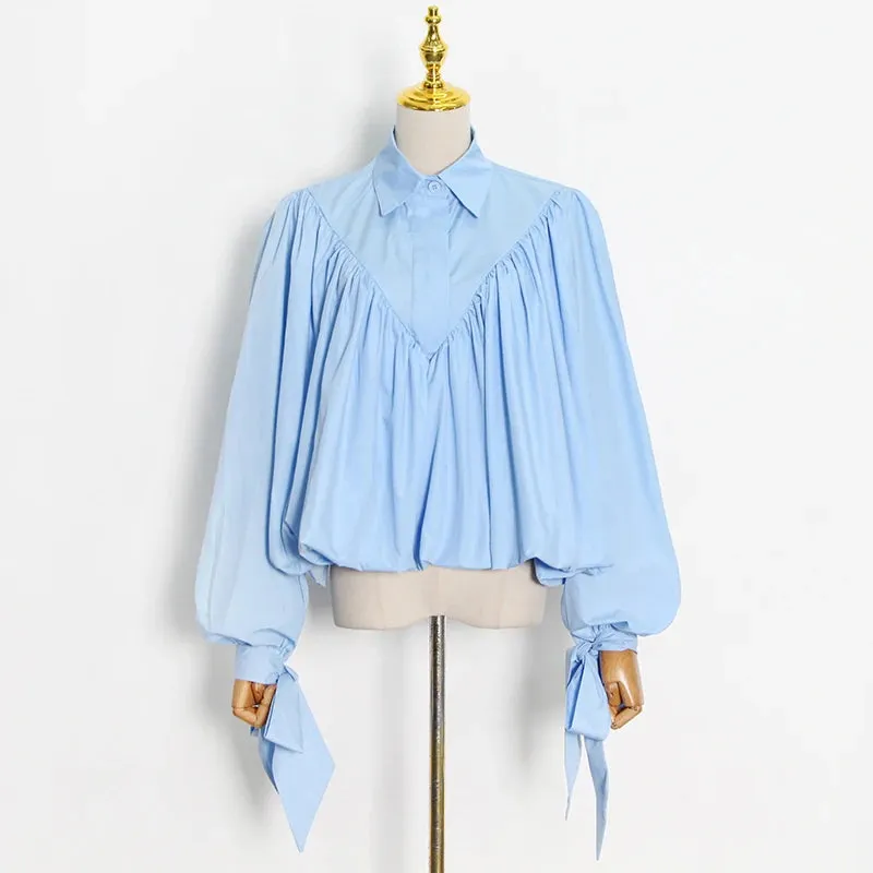 Loose Frill Trim Shirt For Women Lapel Long Sleeve Casual Lace Up Bow Blouse Female Fashion Clothing Autumn