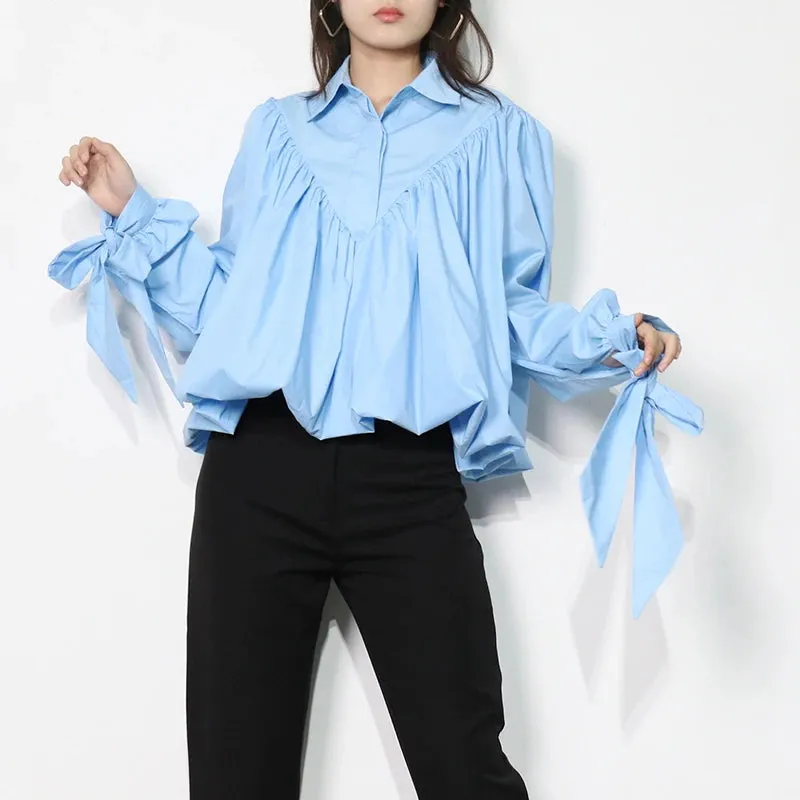 Loose Frill Trim Shirt For Women Lapel Long Sleeve Casual Lace Up Bow Blouse Female Fashion Clothing Autumn