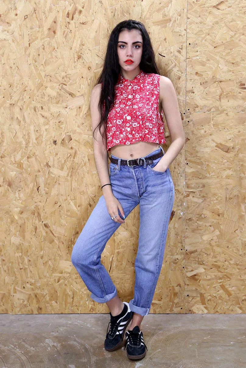 LOOT LABEL Cropped Red Floral Blouse With Mandarin Collar