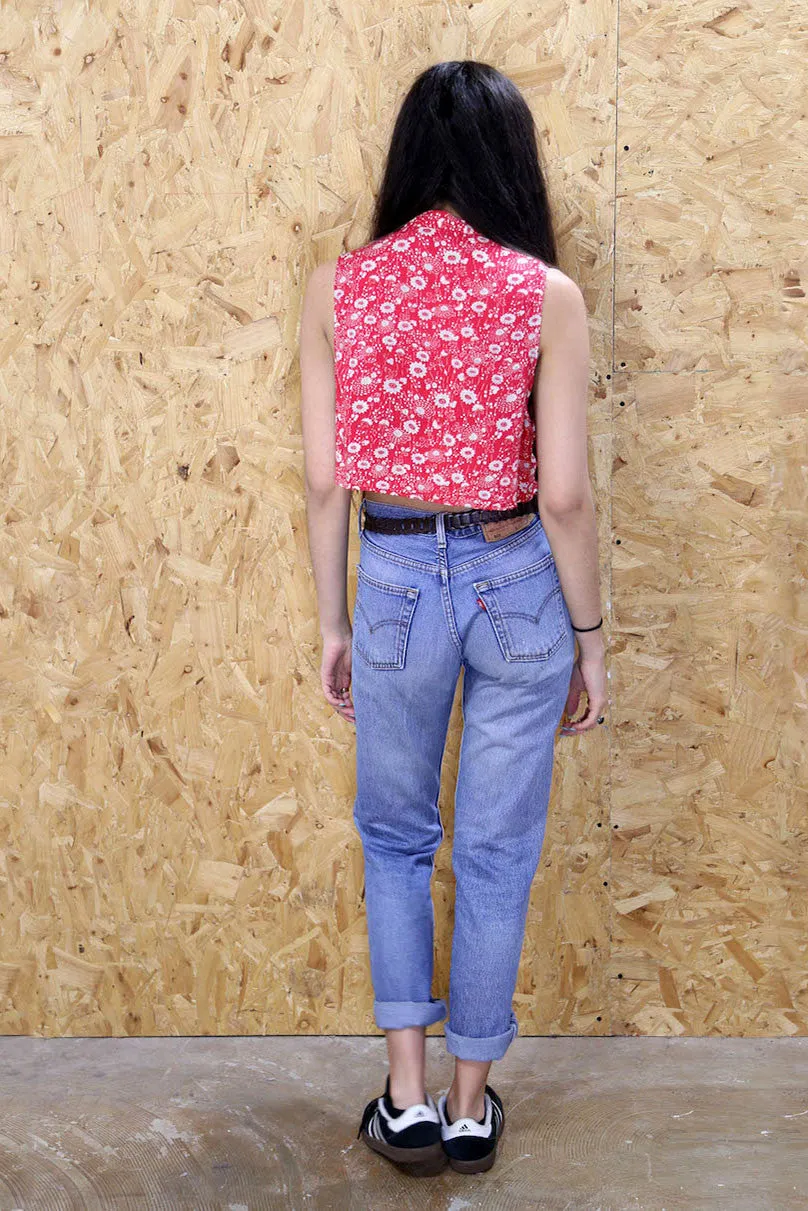 LOOT LABEL Cropped Red Floral Blouse With Mandarin Collar