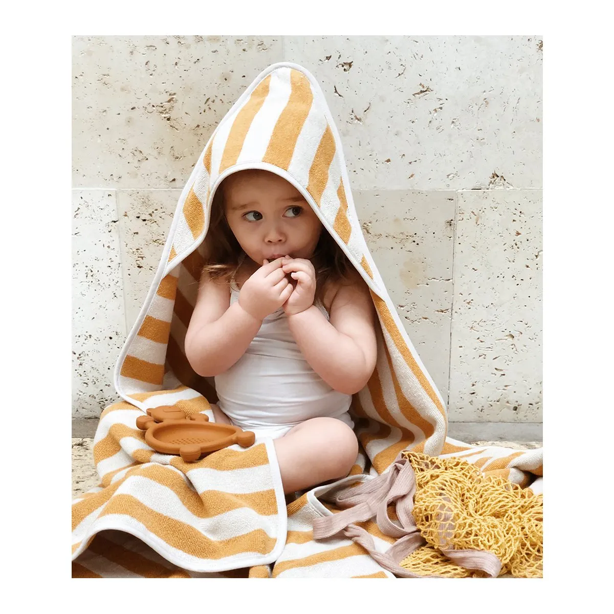 Louie Hooded Junior Towel - Y/D stripe: Yellow mellow/sandy