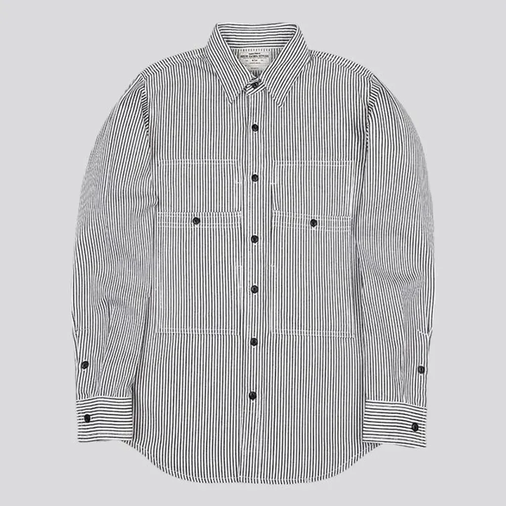 Medium stripes casual worker men's denim shirt