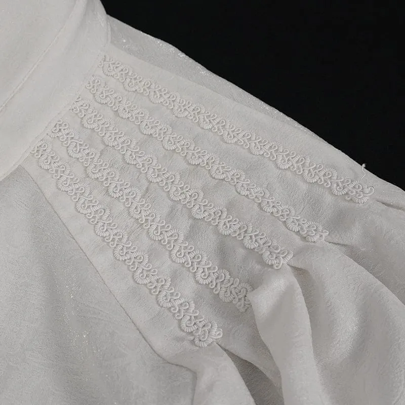 Men's Gothic Puff Sleeved Lace Hem Shirt White