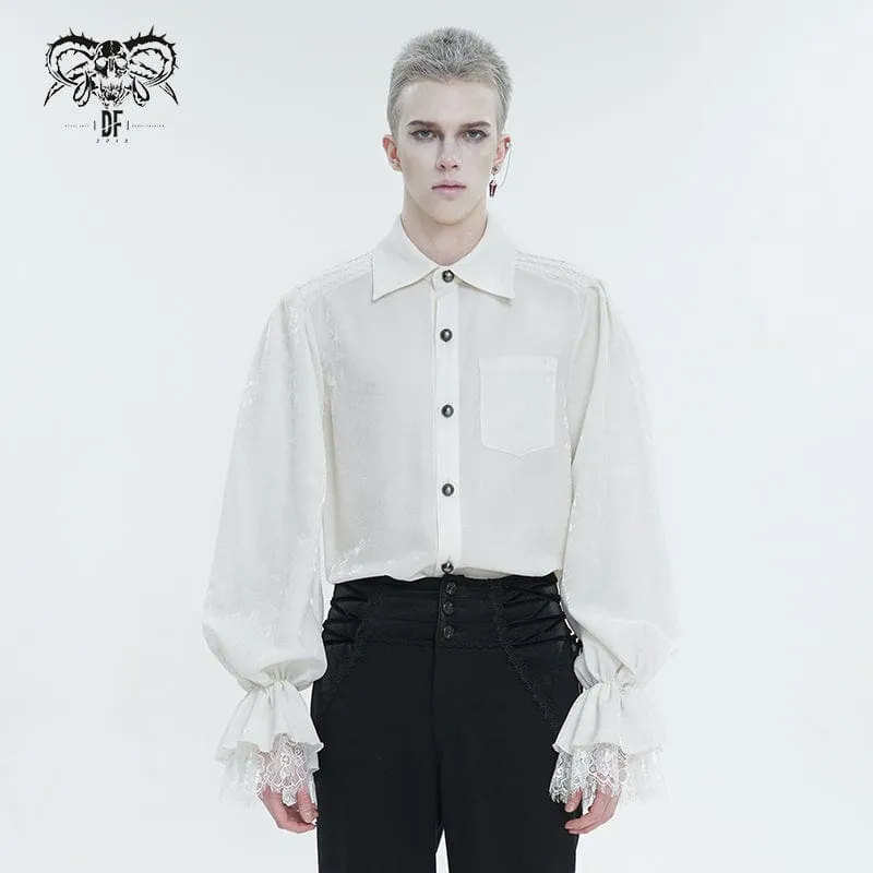 Men's Gothic Puff Sleeved Lace Hem Shirt White