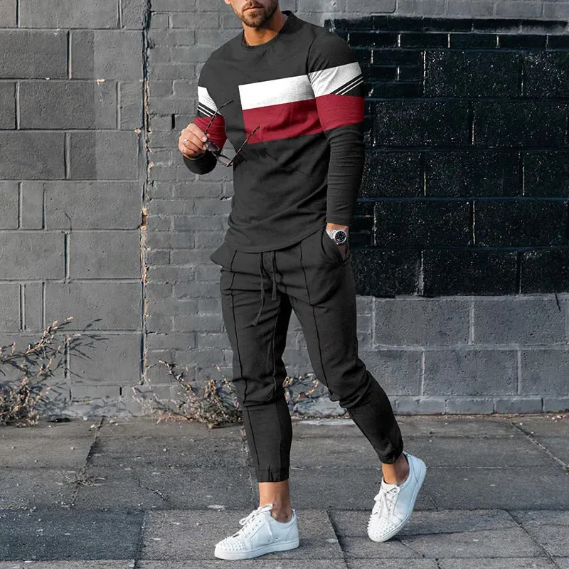 Men's Sports And Leisure Suit Pullover Round Neck Long Sleeves Striped Sweater Two Pieces Suit