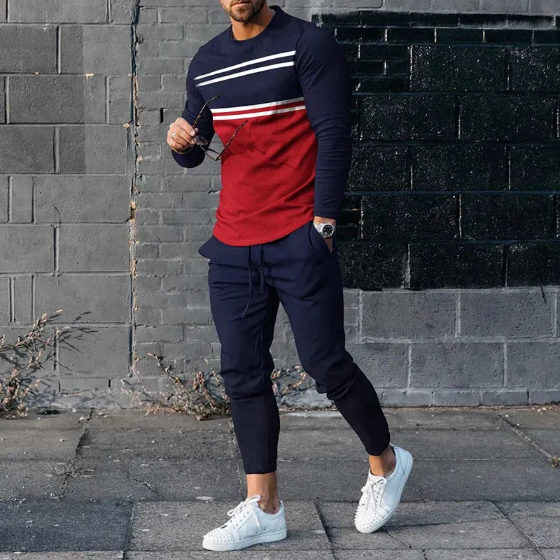 Men's Sports And Leisure Suit Pullover Round Neck Long Sleeves Striped Sweater Two Pieces Suit