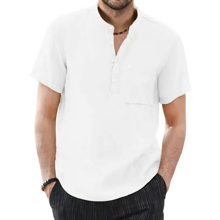 MEN'S STANDING COLLAR COTTON LINEN SHORT SLEEVED SOLID COLOR SHIRT