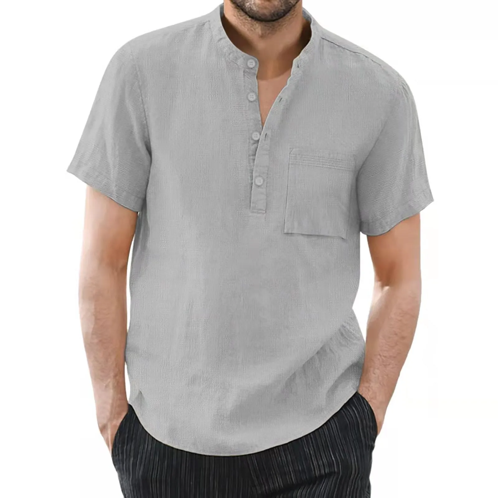 MEN'S STANDING COLLAR COTTON LINEN SHORT SLEEVED SOLID COLOR SHIRT