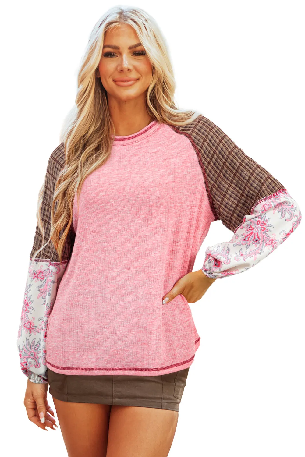 Mixed Print Patchwork Raglan Ribbed Knit Top