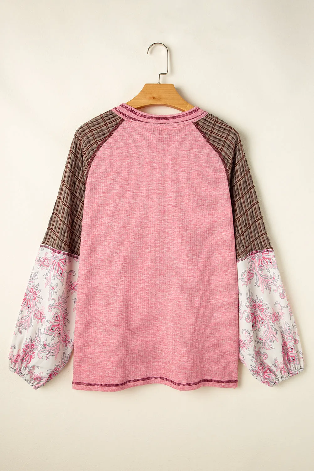 Mixed Print Patchwork Raglan Ribbed Knit Top