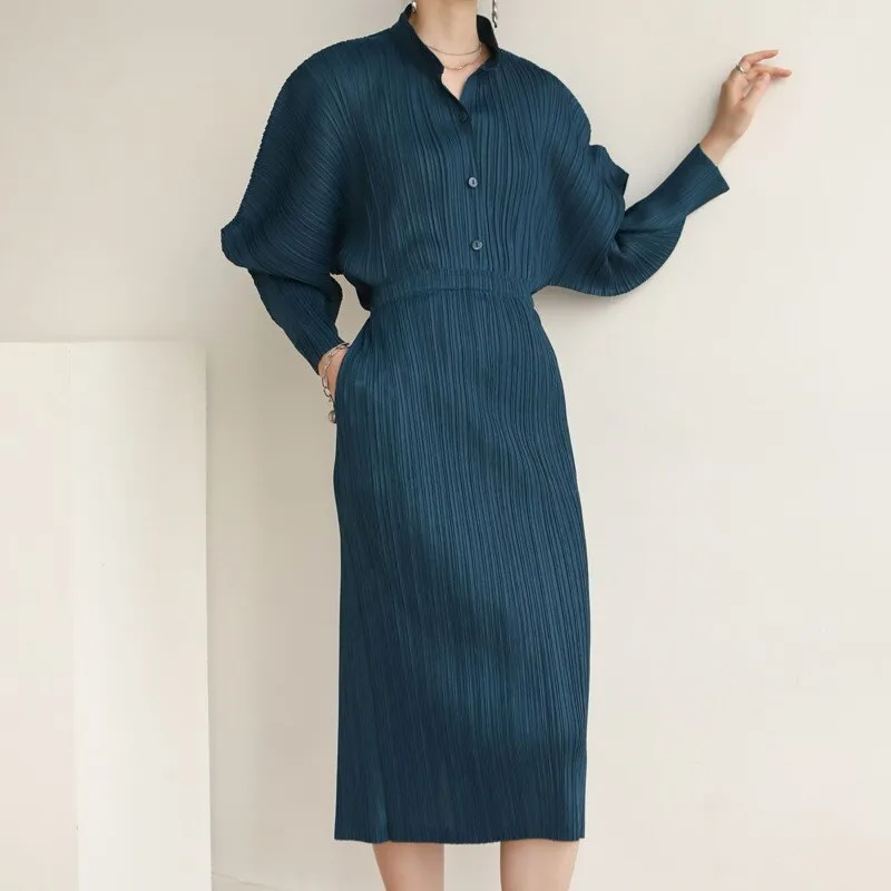 Miyake Pleated Horn Sleeve Shirt and Midi Skirt Set