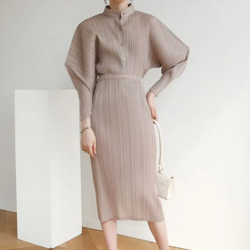 Miyake Pleated Horn Sleeve Shirt and Midi Skirt Set