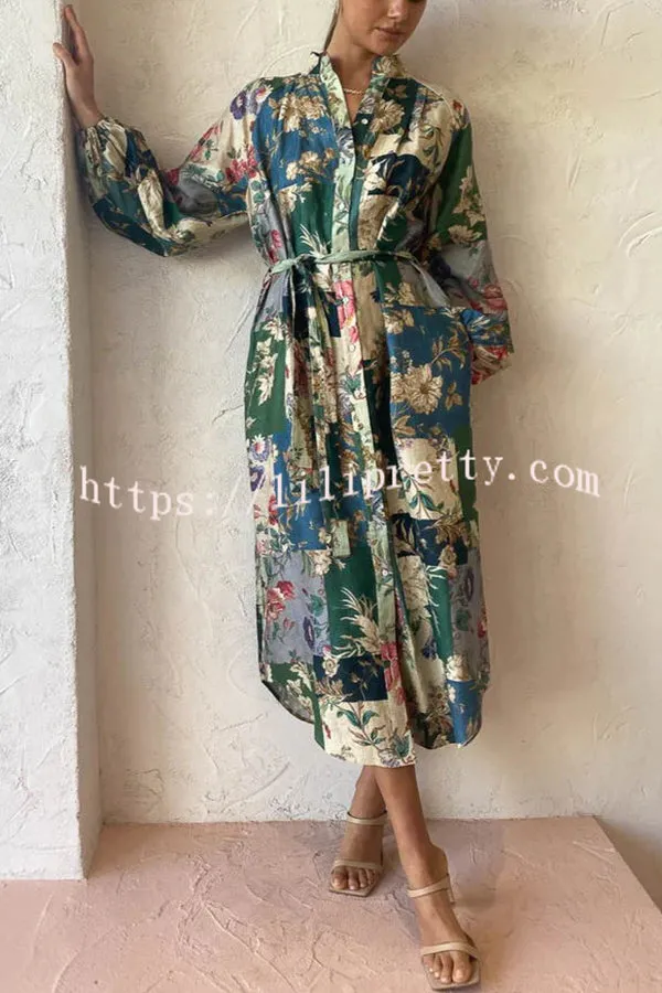 Modern Femininity Patchwork Sage Floral Pocketed Shirt Midi Dress