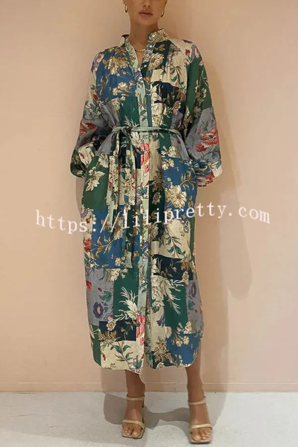 Modern Femininity Patchwork Sage Floral Pocketed Shirt Midi Dress