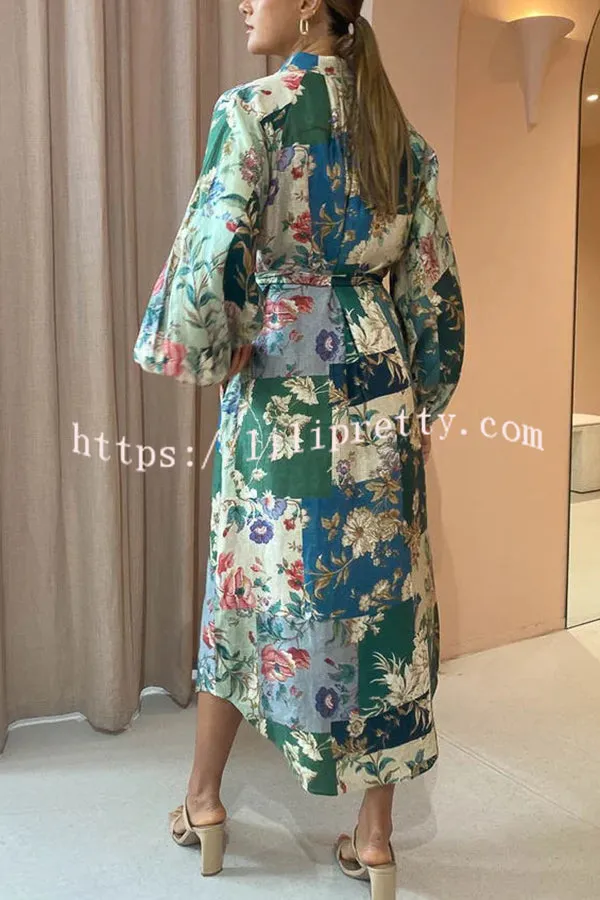 Modern Femininity Patchwork Sage Floral Pocketed Shirt Midi Dress