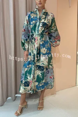 Modern Femininity Patchwork Sage Floral Pocketed Shirt Midi Dress