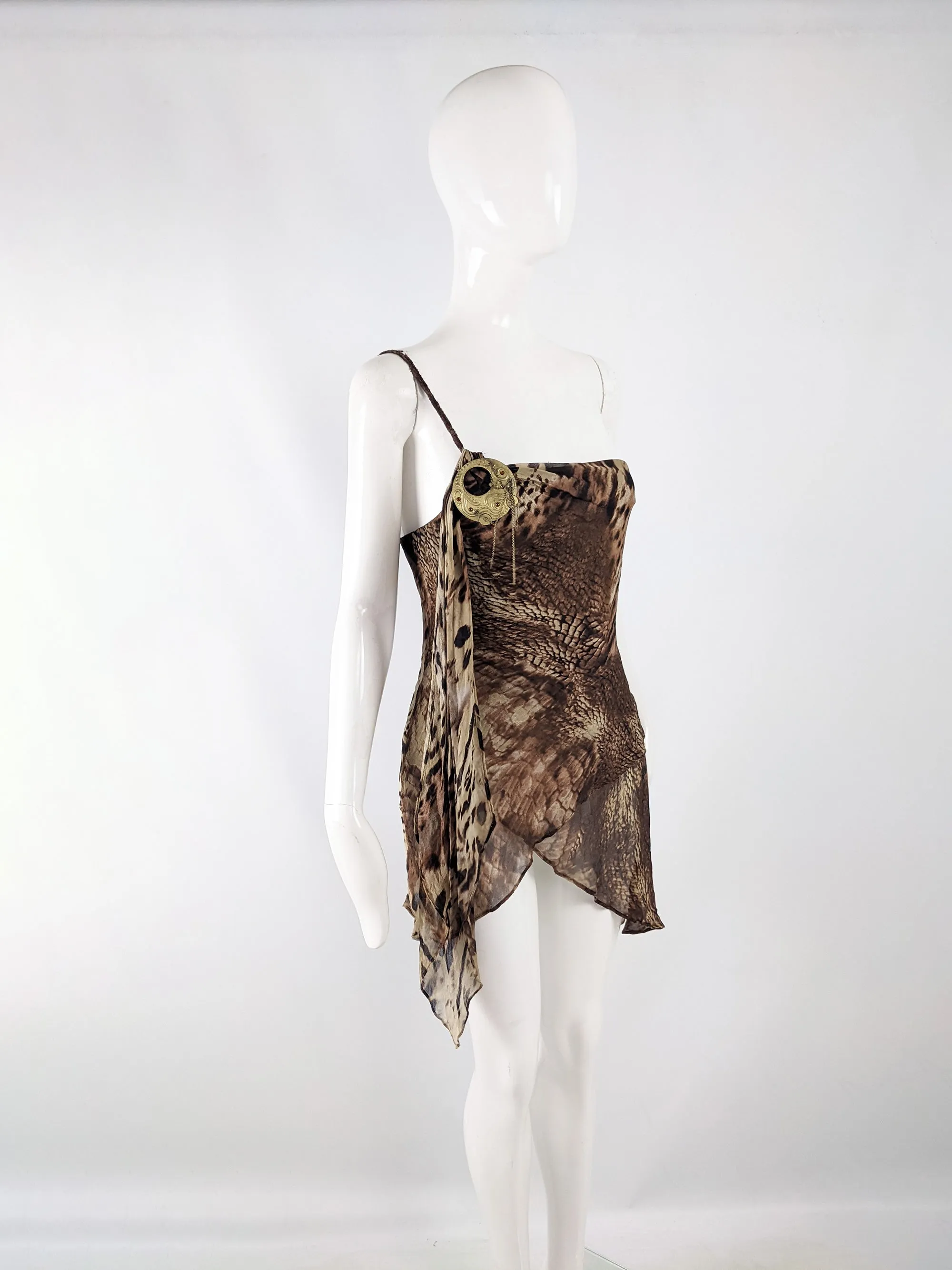 Orna Farho Vintage Brown Silk Chiffon Animal Print Top, 2000s