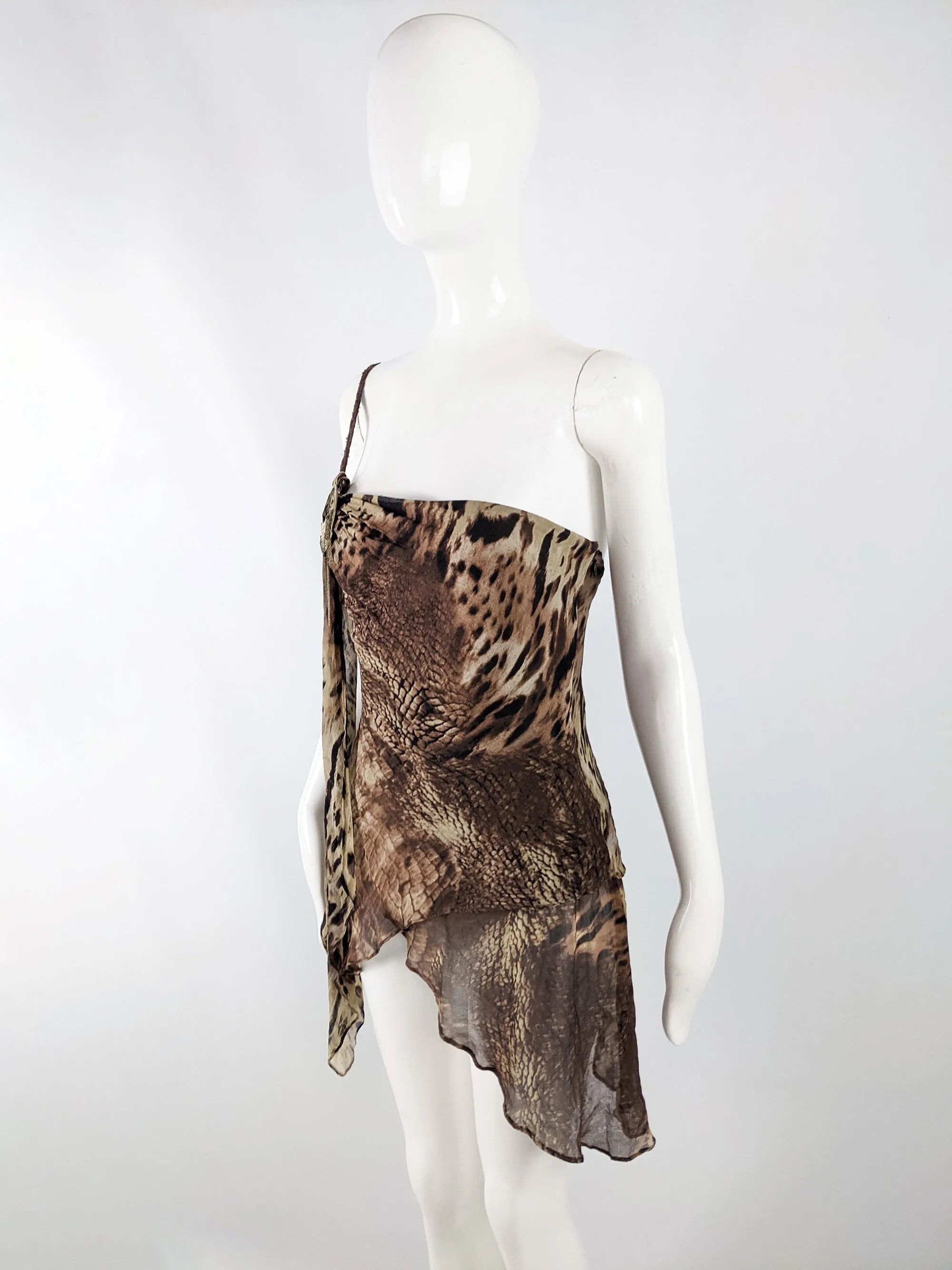 Orna Farho Vintage Brown Silk Chiffon Animal Print Top, 2000s