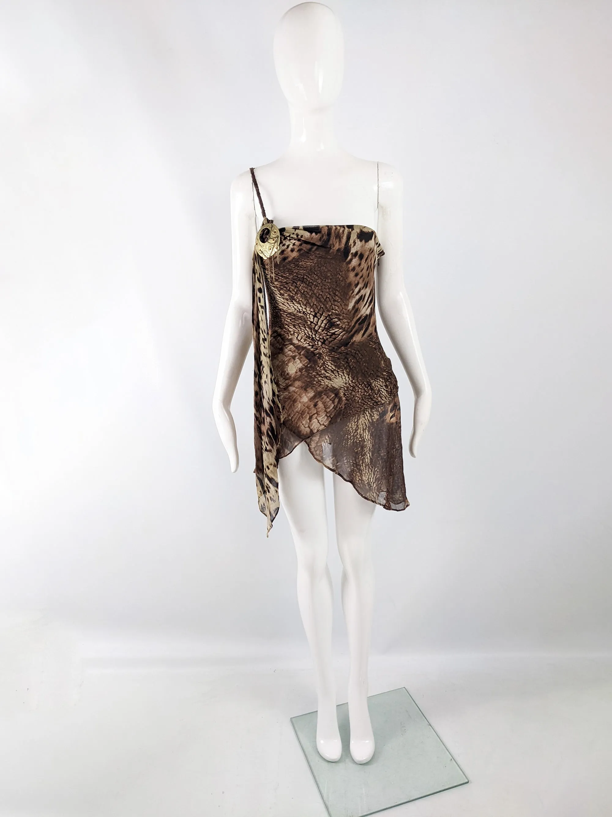 Orna Farho Vintage Brown Silk Chiffon Animal Print Top, 2000s