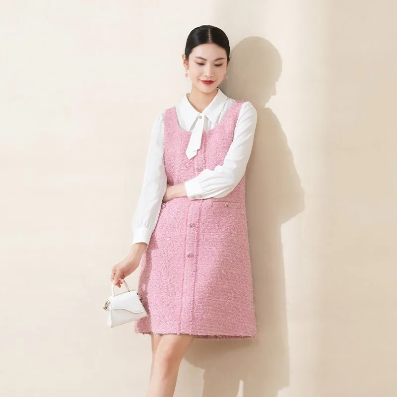 Pink A Shape Strap Tweed Dress