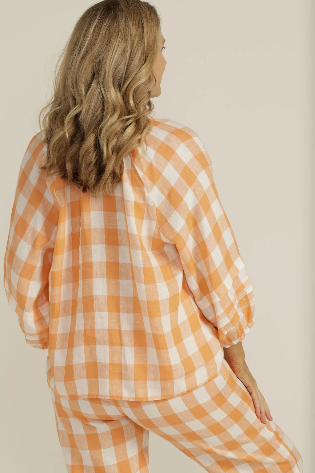 Pleat Sleeve Linen Blouse Apricot/White Gingham