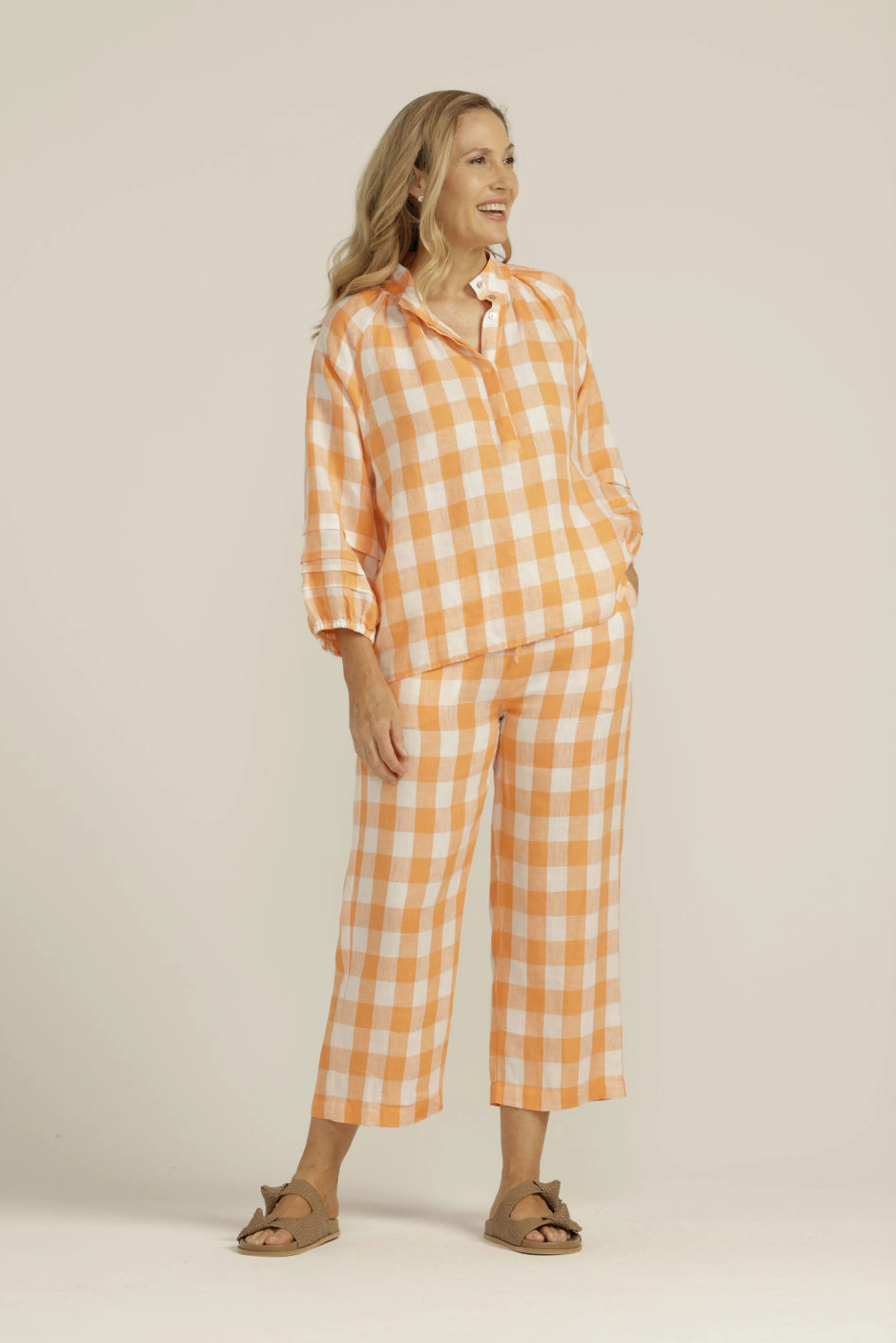 Pleat Sleeve Linen Blouse Apricot/White Gingham