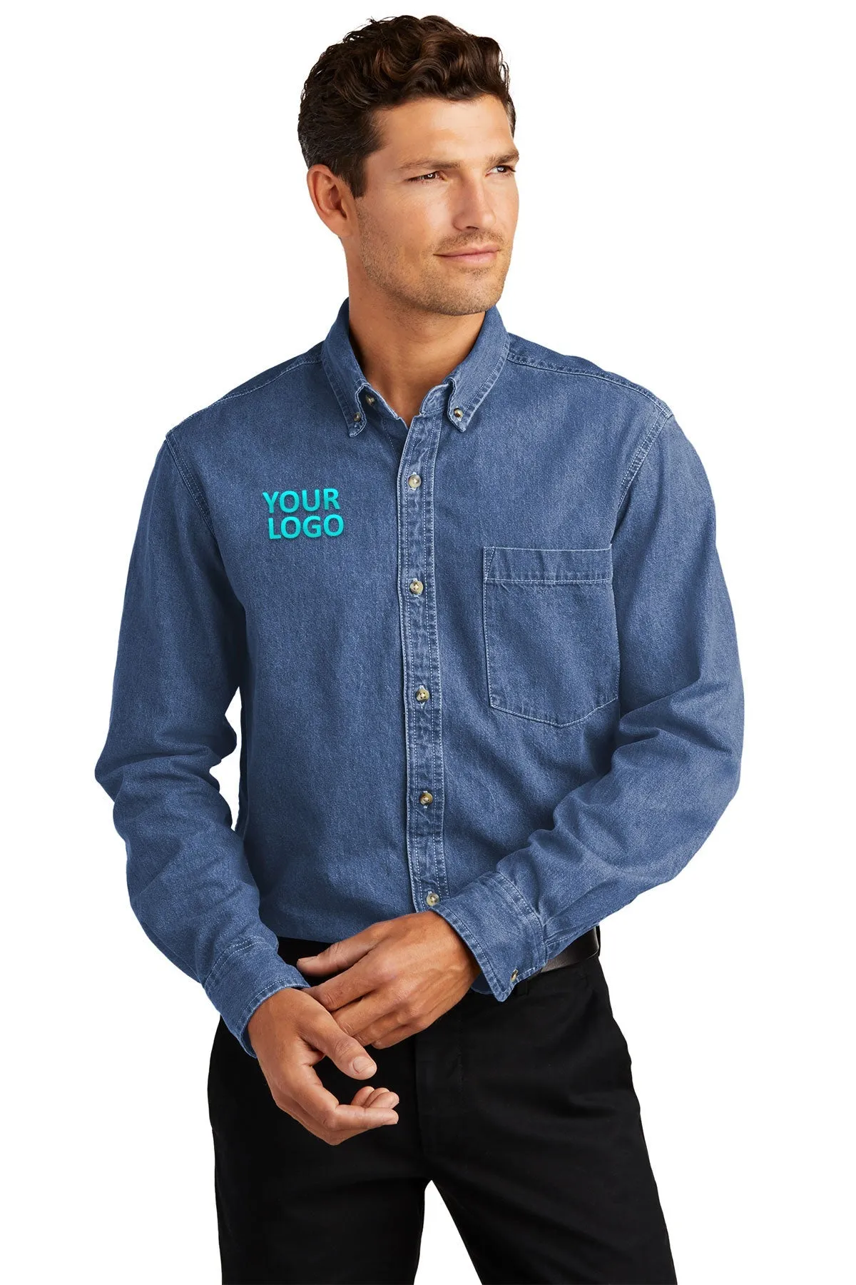 Port Authority Heavyweight Custom Denim Shirts, Dark Blue Stonewashed