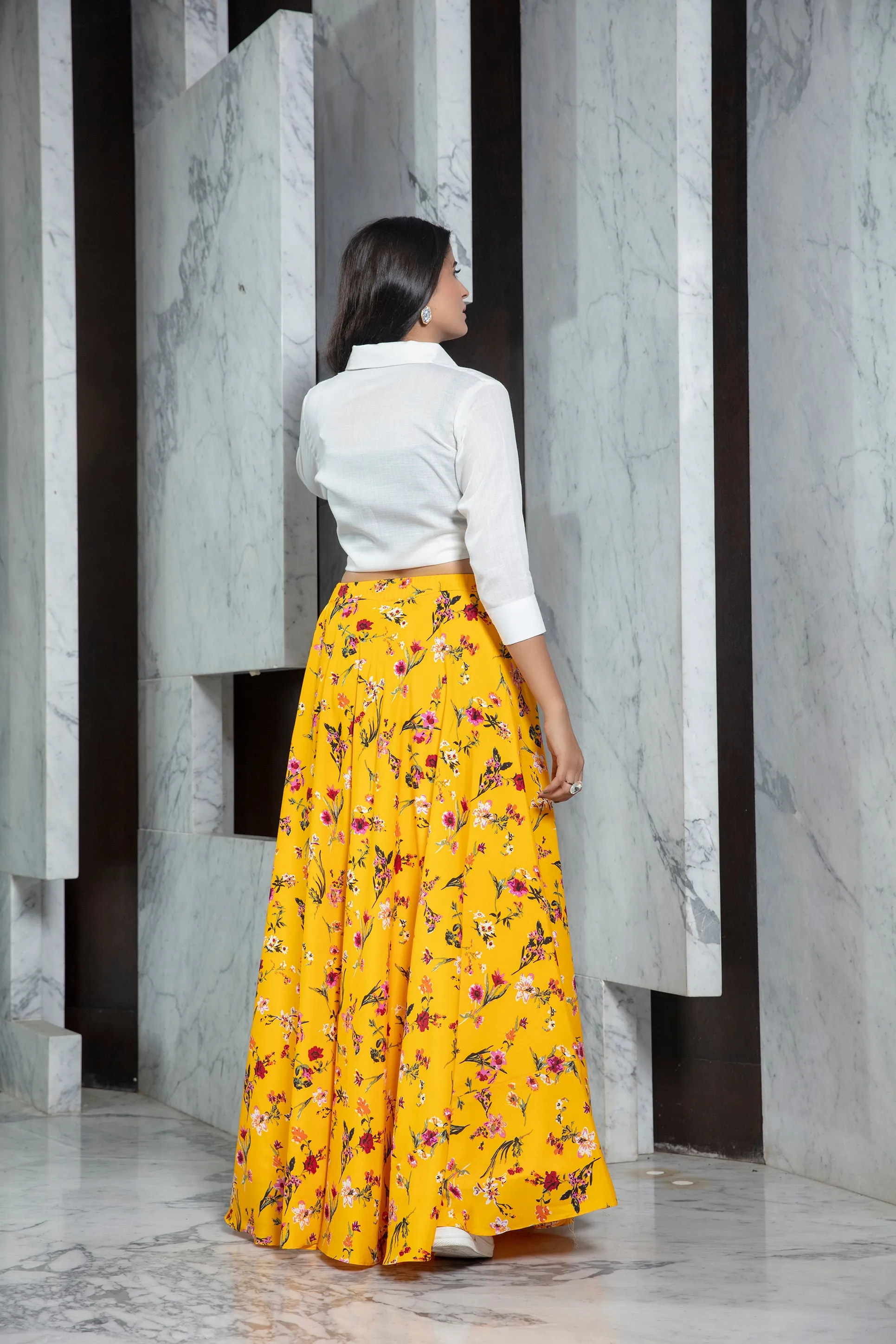 Readymade Yellow Printed Crepe Indo Western Skirt With White Shirt Top