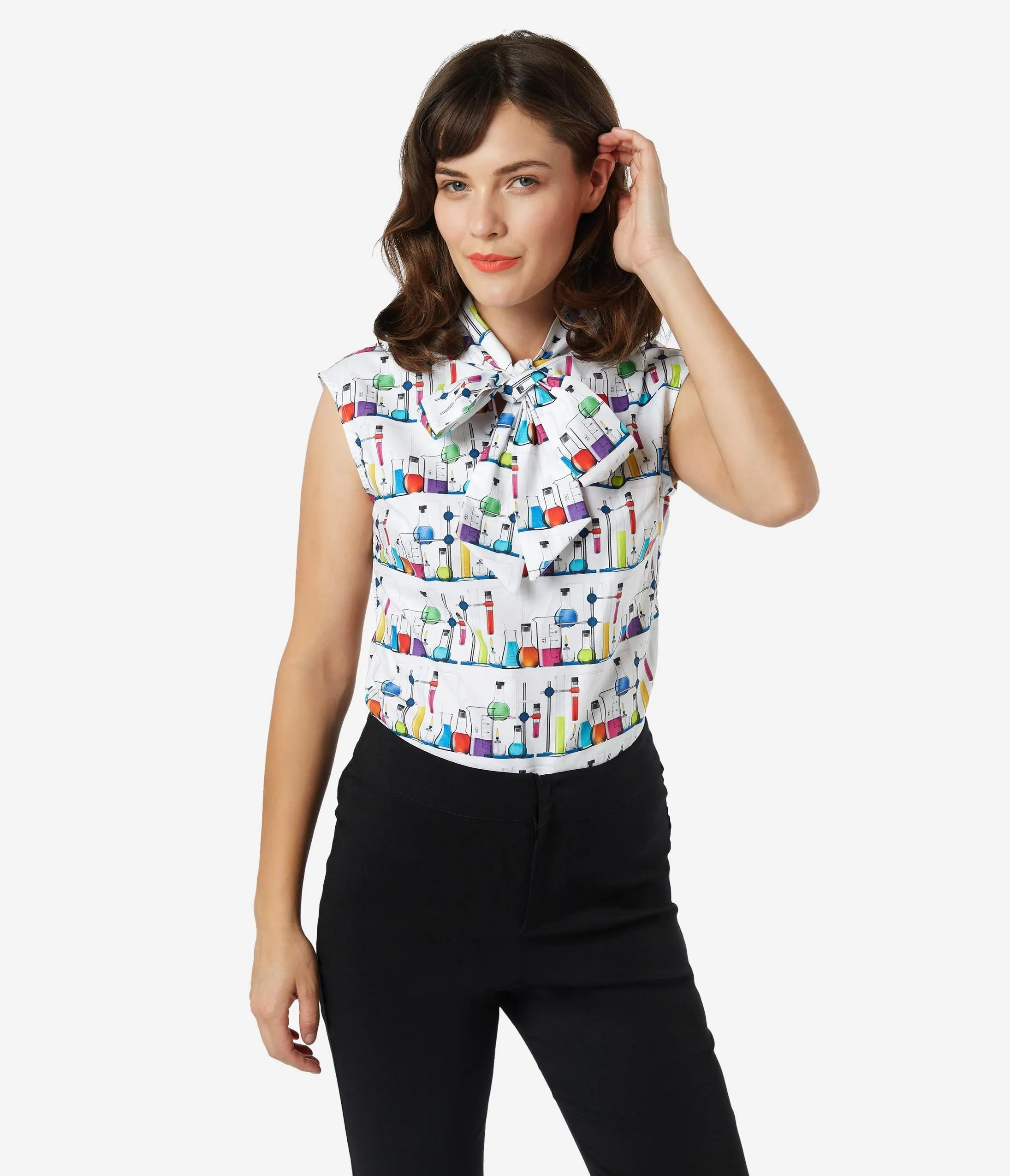 Retrolicious Mad Science Print Bow Blouse