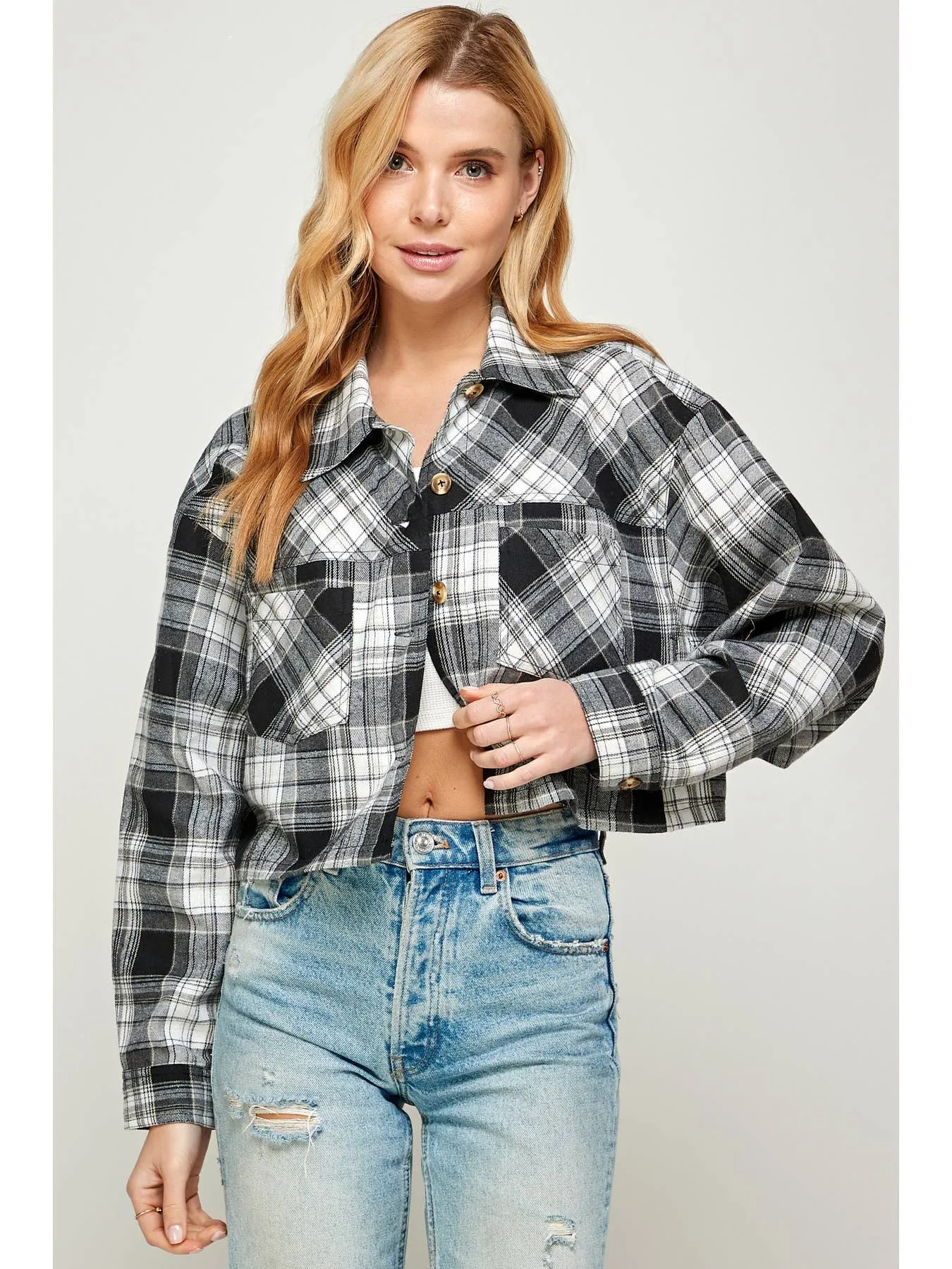 Sans Souci Cropped Oversized Plaid Shirt