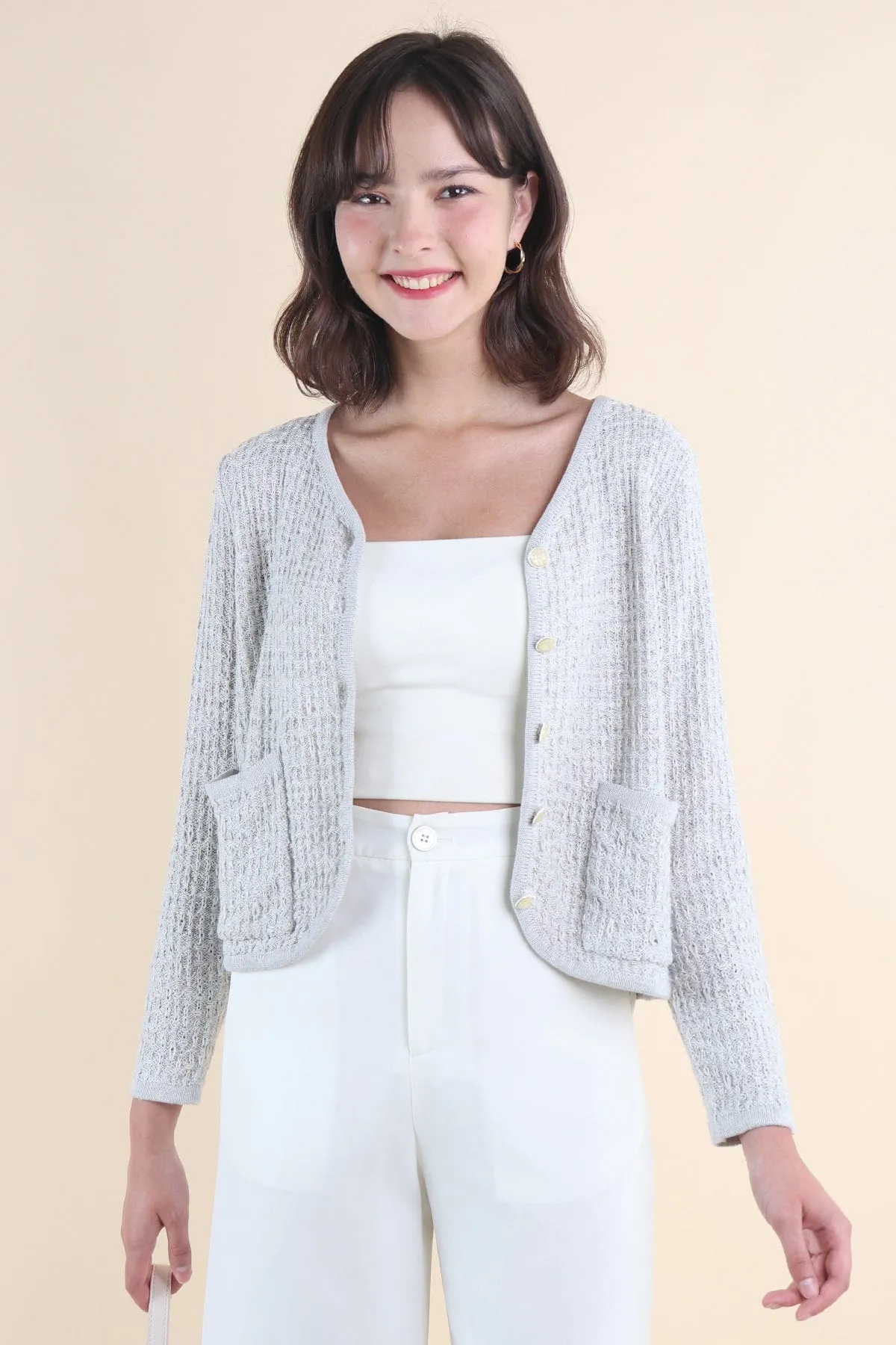 SERA TWEED KNIT CARDIGAN IN GREY