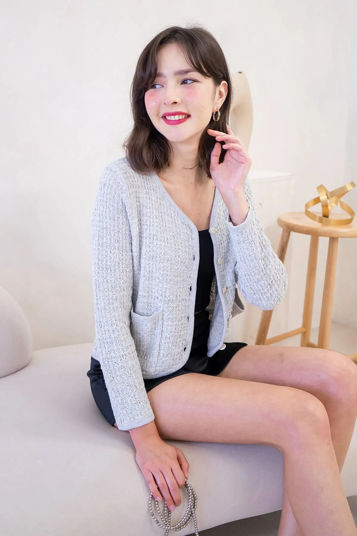 SERA TWEED KNIT CARDIGAN IN GREY