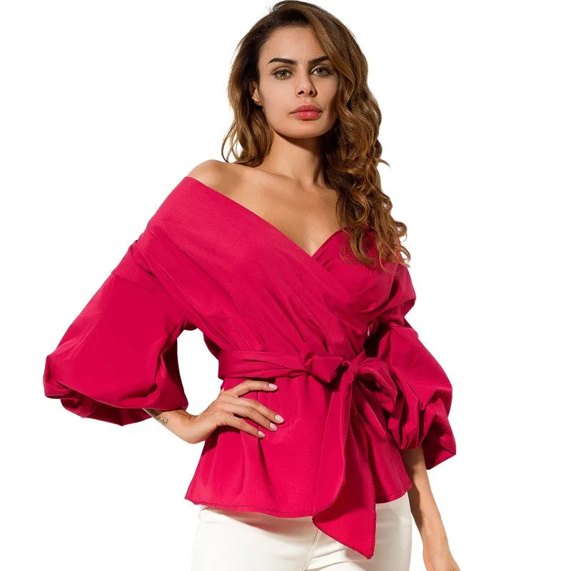 Sexy Off Shoulder Lantern Sleeve Wrap Blouse