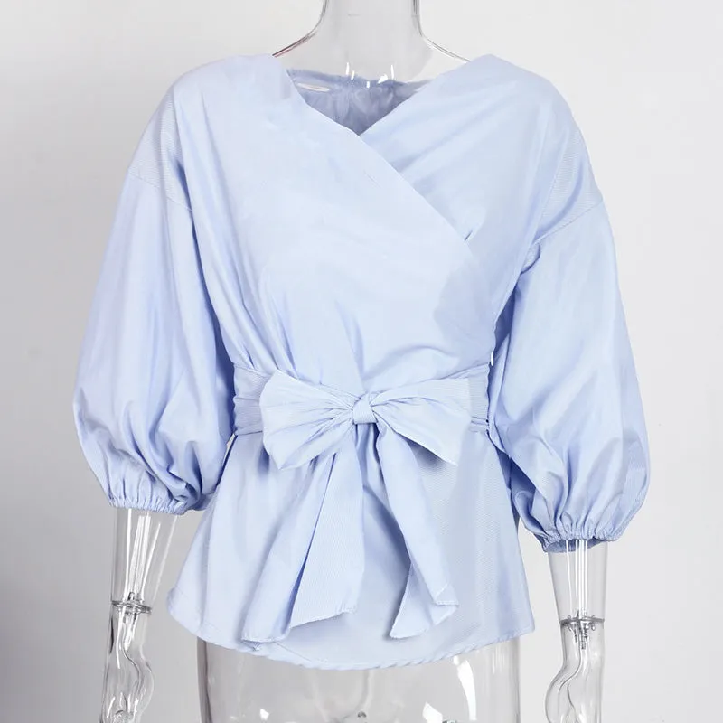 Sexy Off Shoulder Lantern Sleeve Wrap Blouse