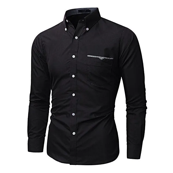 Slim Fit Turn Down Collar Designer Dress Shirt for Men Long Sleeve Patchwork Bust Plaid Pocket