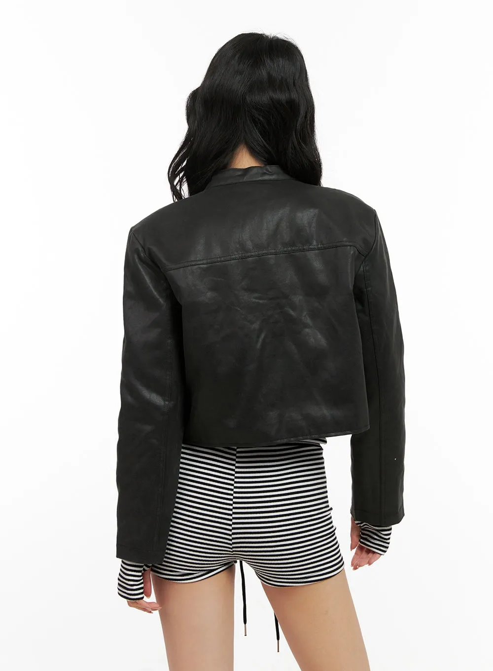 Solid Crop Faux Leather Jacket CN416