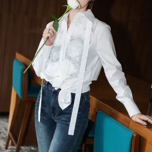 Straight Patchwork Floral Shirt For Women Lapel Long Sleeve Solid Elegant Button Through Blouse Female Clothing