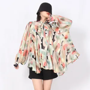 Straight Shirt For Women Bow Collar Long Sleeve Print Colorblock Loose Blouses Female Fashion Spring Clothing