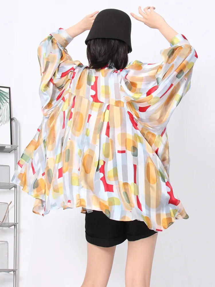 Straight Shirt For Women Bow Collar Long Sleeve Print Colorblock Loose Blouses Female Fashion Spring Clothing