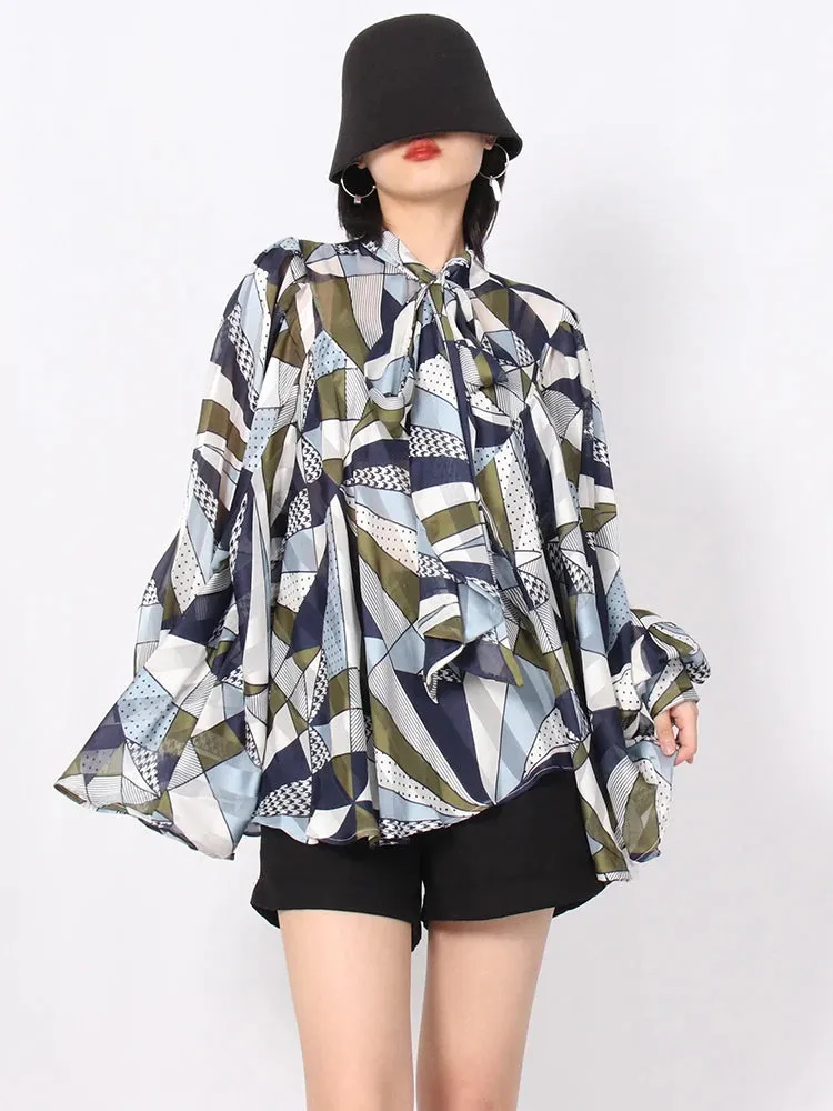 Straight Shirt For Women Bow Collar Long Sleeve Print Colorblock Loose Blouses Female Fashion Spring Clothing